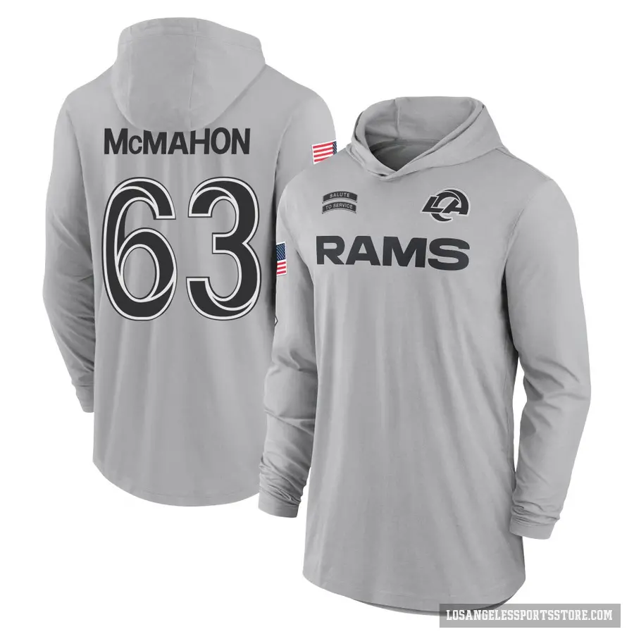 Youth ＃63 Dylan McMahon Los Angeles Rams Gray 2024 Salute to Service Lightweight Performance Long Sleeve Hooded T-Shirt