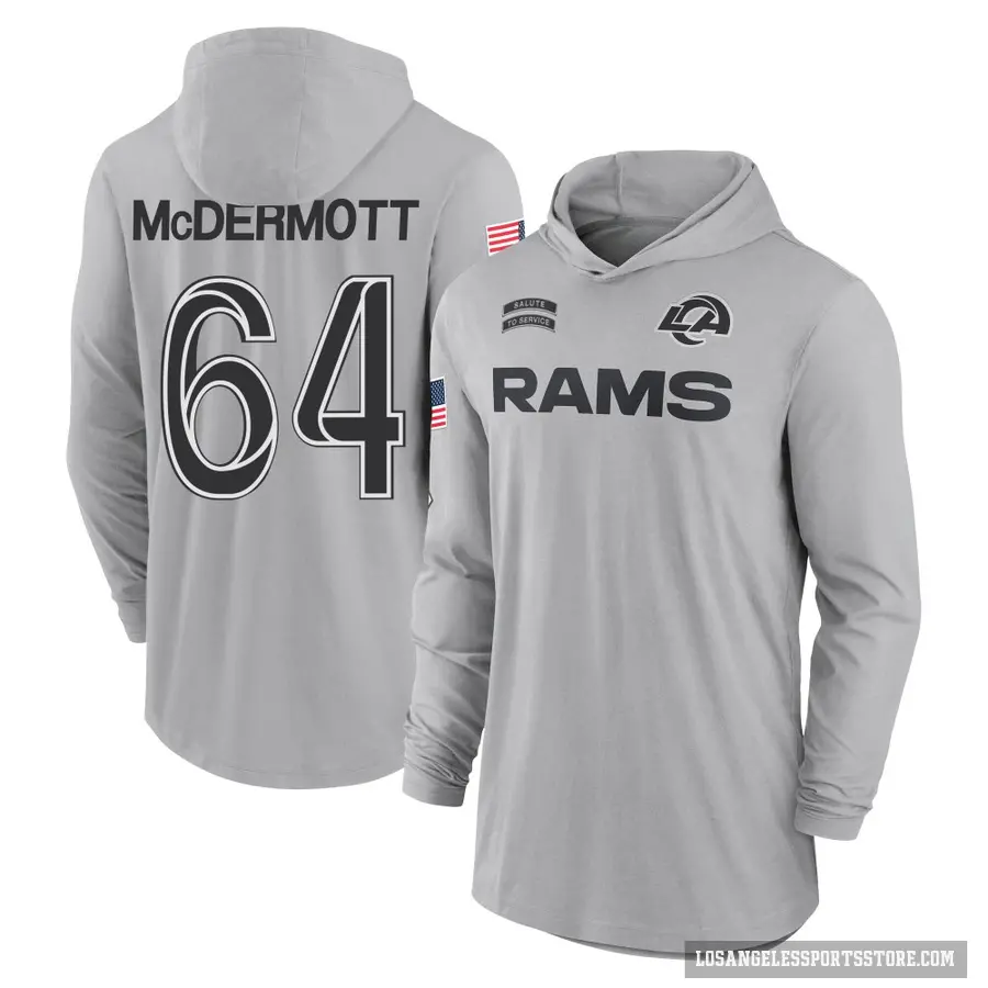 Youth ＃64 Conor McDermott Los Angeles Rams Gray 2024 Salute to Service Lightweight Performance Long Sleeve Hooded T-Shirt