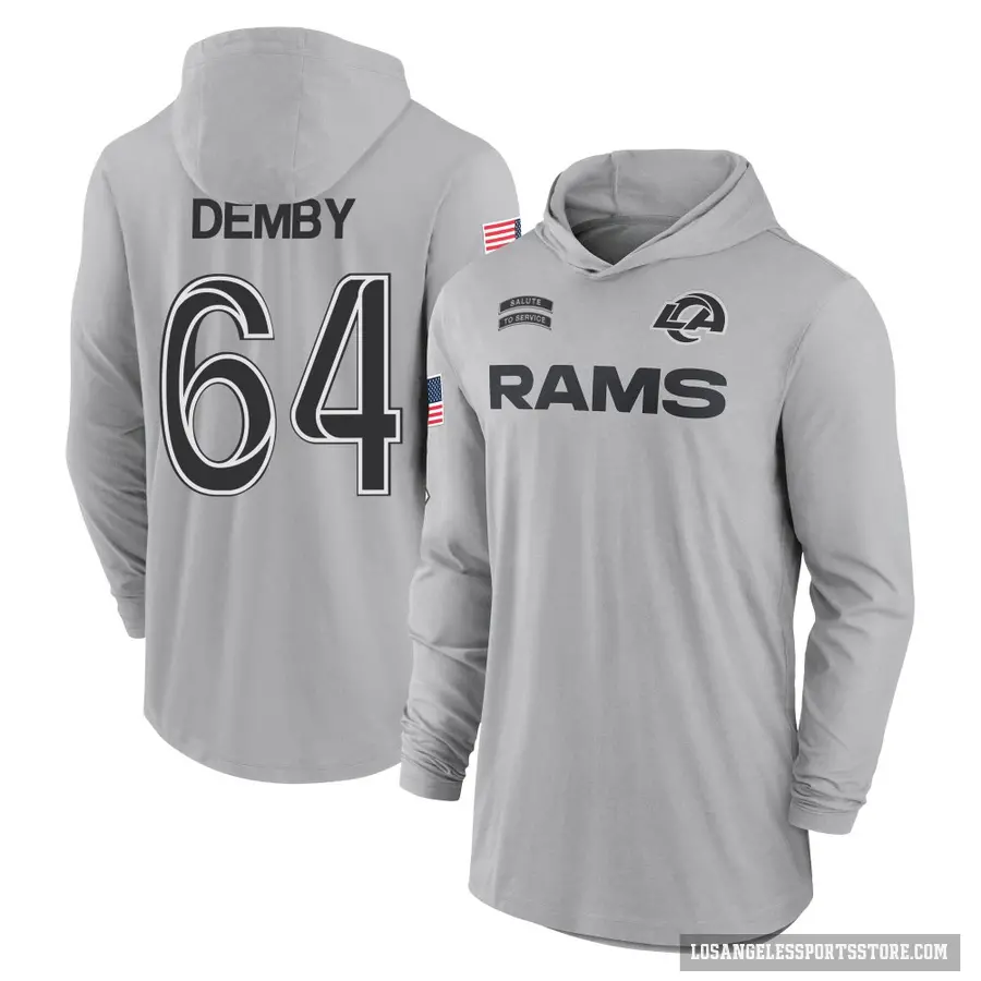 Youth ＃64 Jamil Demby Los Angeles Rams Gray 2024 Salute to Service Lightweight Performance Long Sleeve Hooded T-Shirt
