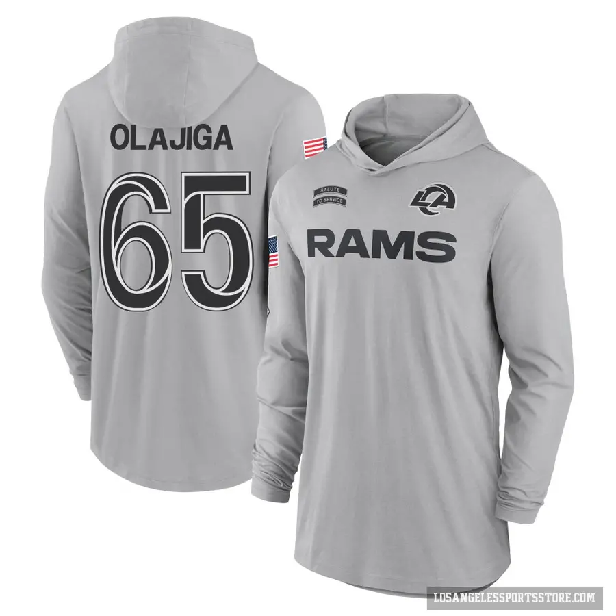 Youth ＃65 David Olajiga Los Angeles Rams Gray 2024 Salute to Service Lightweight Performance Long Sleeve Hooded T-Shirt