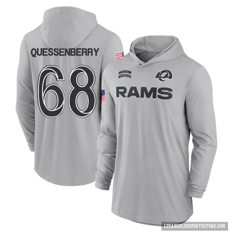 Youth ＃68 David Quessenberry Los Angeles Rams Gray 2024 Salute to Service Lightweight Performance Long Sleeve Hooded T-Shirt