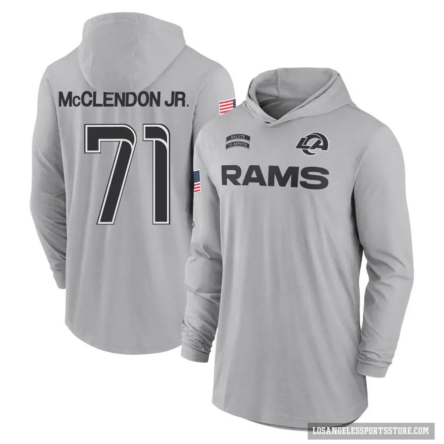 Youth ＃71 Warren McClendon Jr. Los Angeles Rams Gray 2024 Salute to Service Lightweight Performance Long Sleeve Hooded T-Shirt