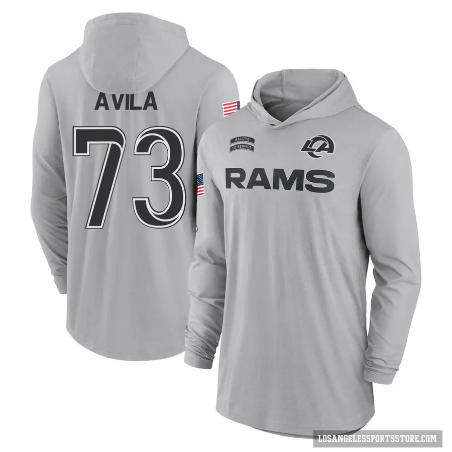 Youth ＃73 Steve Avila Los Angeles Rams Gray 2024 Salute to Service Lightweight Performance Long Sleeve Hooded T-Shirt