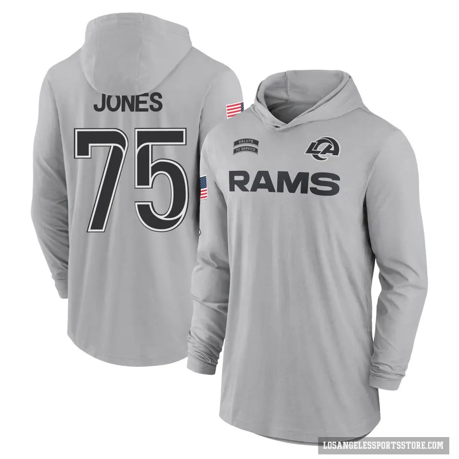 Youth ＃75 Deacon Jones Los Angeles Rams Gray 2024 Salute to Service Lightweight Performance Long Sleeve Hooded T-Shirt