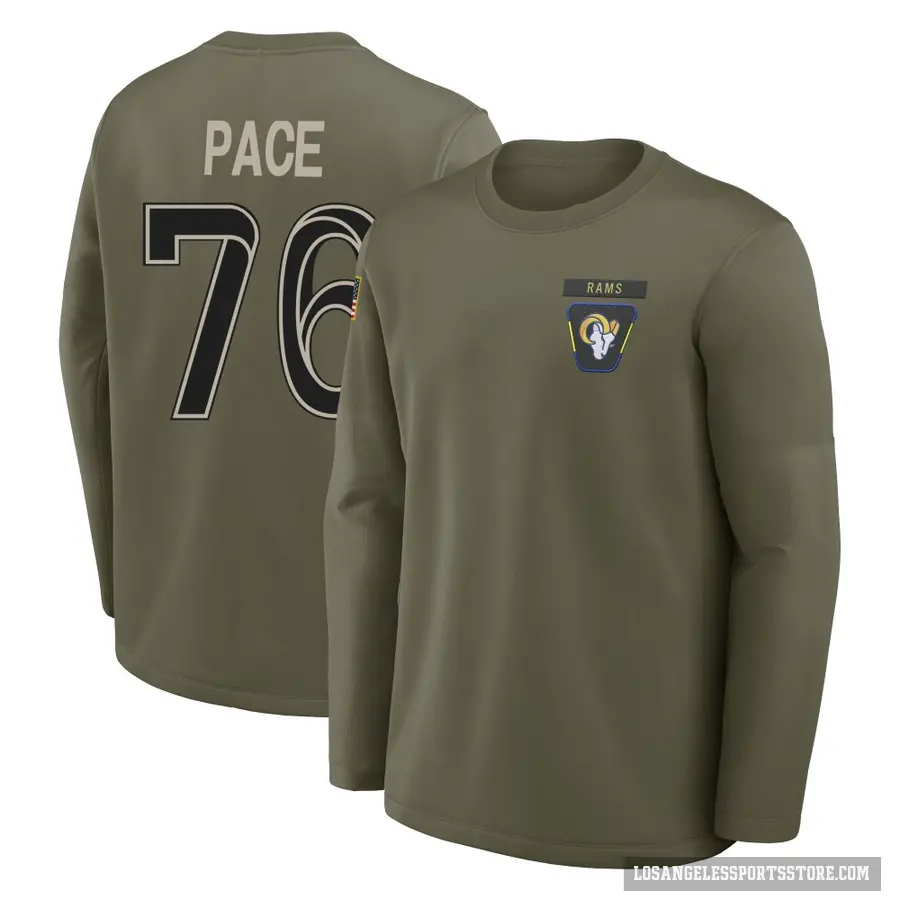 Youth ＃76 Orlando Pace Los Angeles Rams Olive 2025 Salute to Service Sideline Coaches Long Sleeve T-Shirt