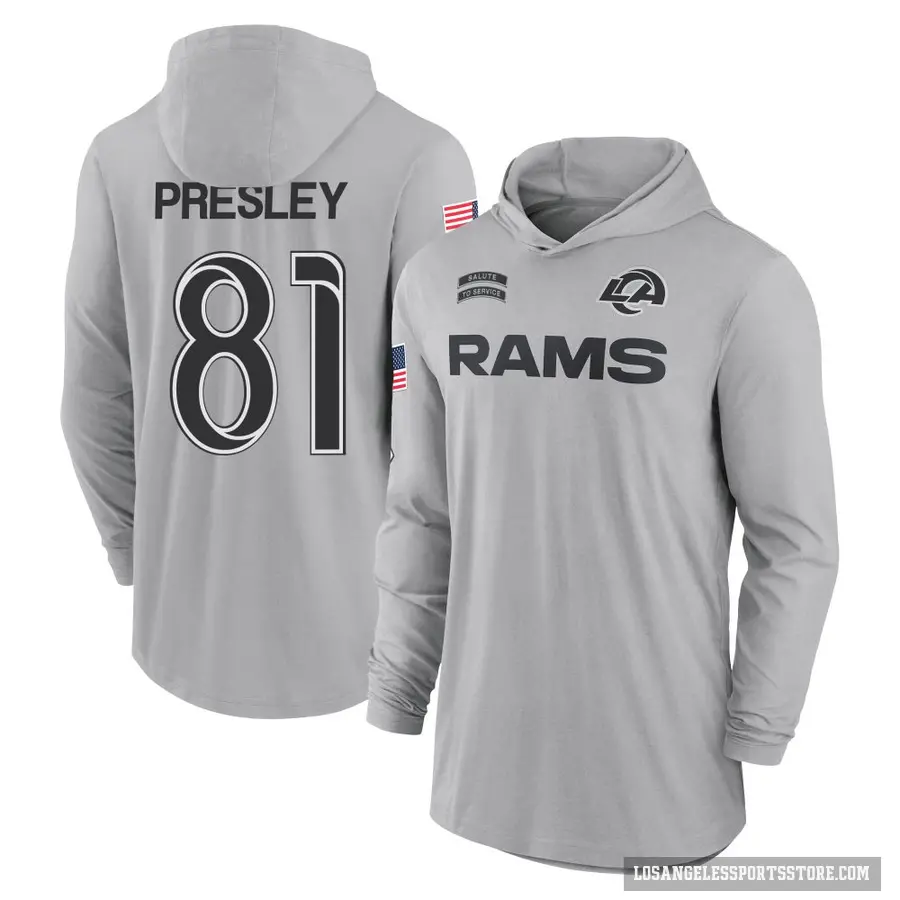 Youth ＃81 Brennan Presley Los Angeles Rams Gray 2024 Salute to Service Lightweight Performance Long Sleeve Hooded T-Shirt