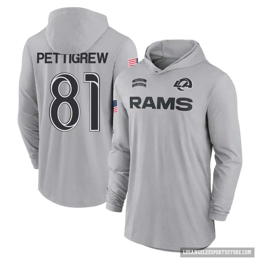 Youth ＃81 Jamal Pettigrew Los Angeles Rams Gray 2024 Salute to Service Lightweight Performance Long Sleeve Hooded T-Shirt