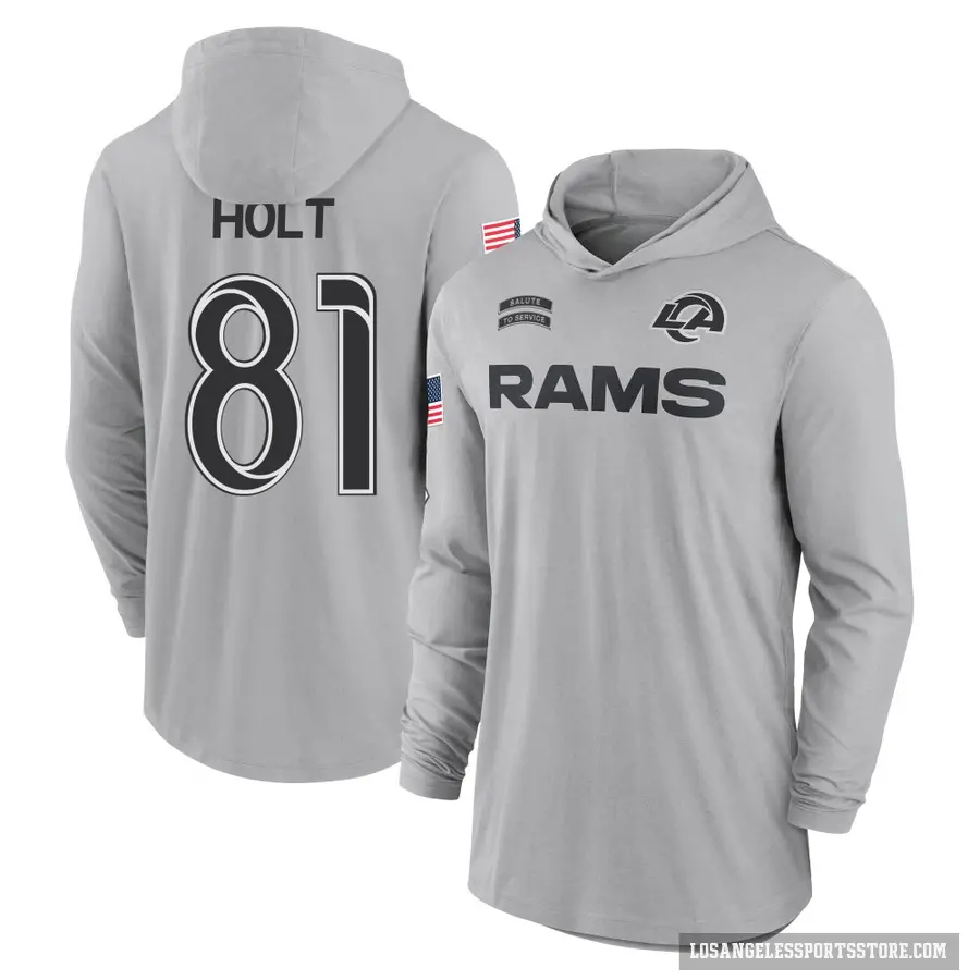 Youth ＃81 Torry Holt Los Angeles Rams Gray 2024 Salute to Service Lightweight Performance Long Sleeve Hooded T-Shirt