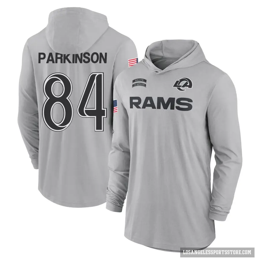 Youth ＃84 Colby Parkinson Los Angeles Rams Gray 2024 Salute to Service Lightweight Performance Long Sleeve Hooded T-Shirt