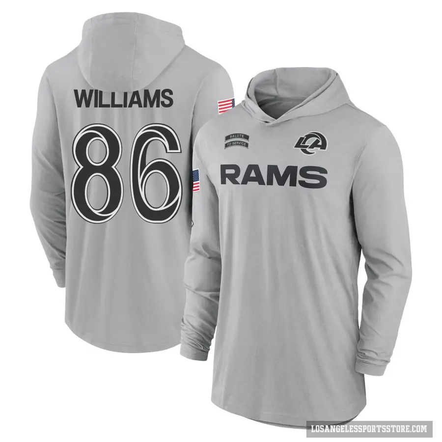Youth ＃86 Mario Williams Los Angeles Rams Gray 2024 Salute to Service Lightweight Performance Long Sleeve Hooded T-Shirt