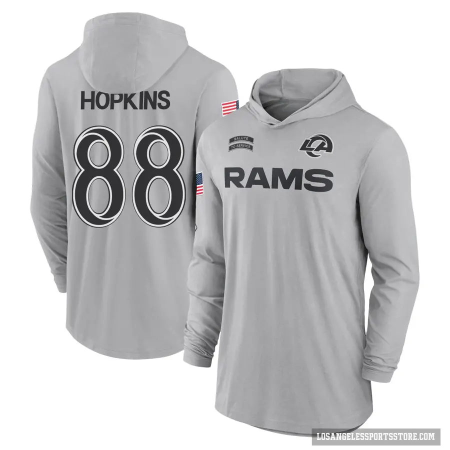 Youth ＃88 Brycen Hopkins Los Angeles Rams Gray 2024 Salute to Service Lightweight Performance Long Sleeve Hooded T-Shirt