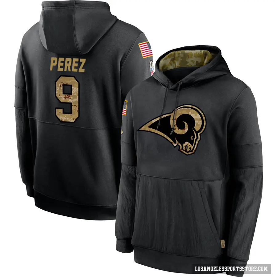 Youth ＃9 Luis Perez Los Angeles Rams Black 2020 Salute to Service Sideline Performance Pullover Hoodie