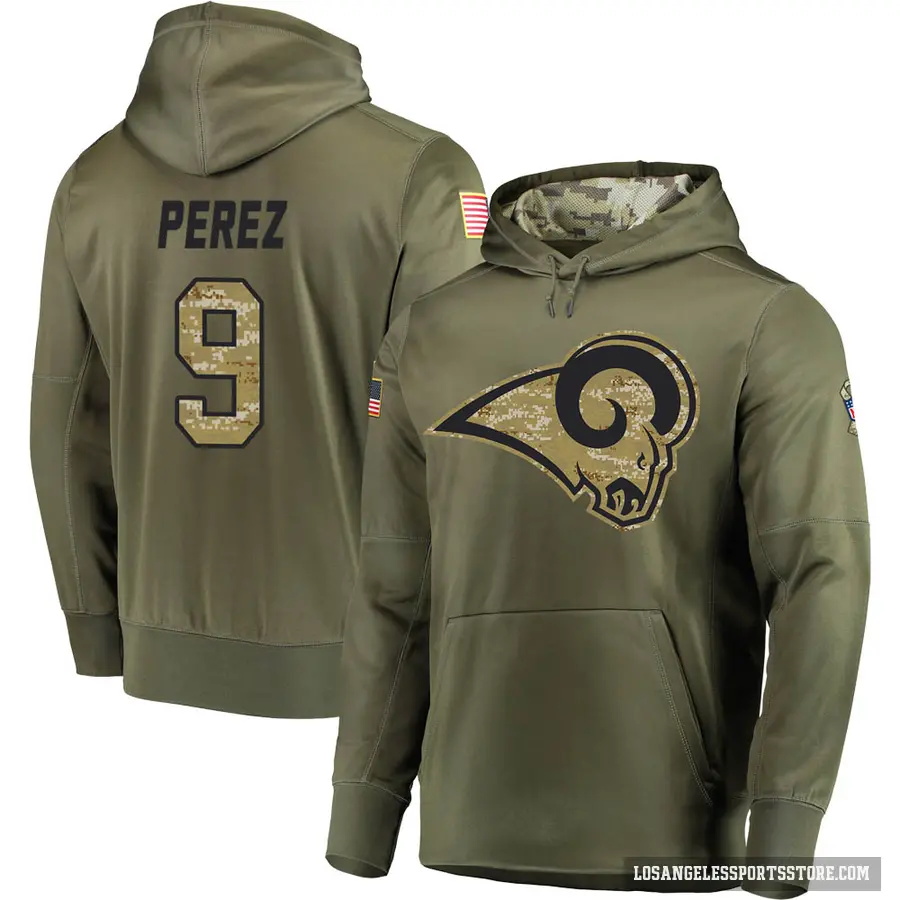 Youth ＃9 Luis Perez Los Angeles Rams Olive Salute to Service Pullover Hoodie