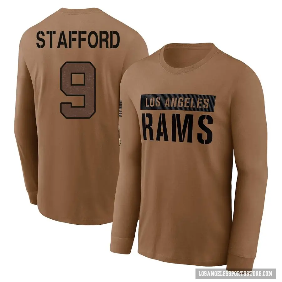 Youth ＃9 Matthew Stafford Los Angeles Rams Brown 2023 Salute To Service Long Sleeve T-Shirt