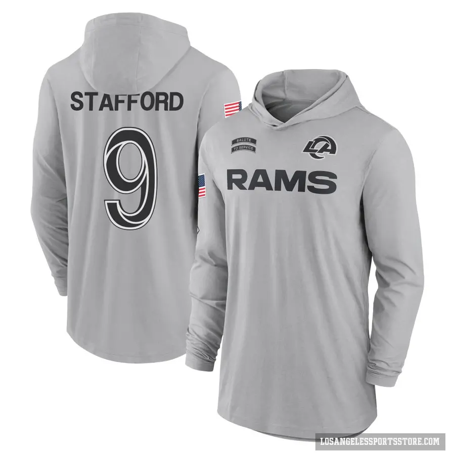 Youth ＃9 Matthew Stafford Los Angeles Rams Gray 2024 Salute to Service Lightweight Performance Long Sleeve Hooded T-Shirt
