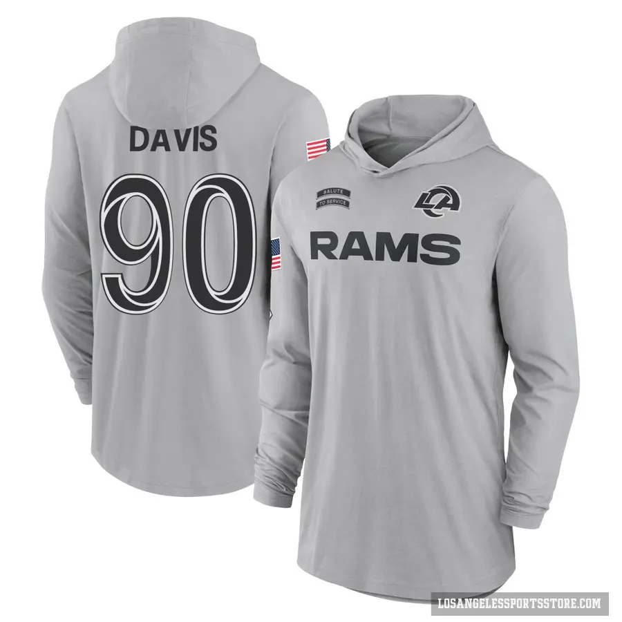 Youth ＃90 Tyler Davis Los Angeles Rams Gray 2024 Salute to Service Lightweight Performance Long Sleeve Hooded T-Shirt