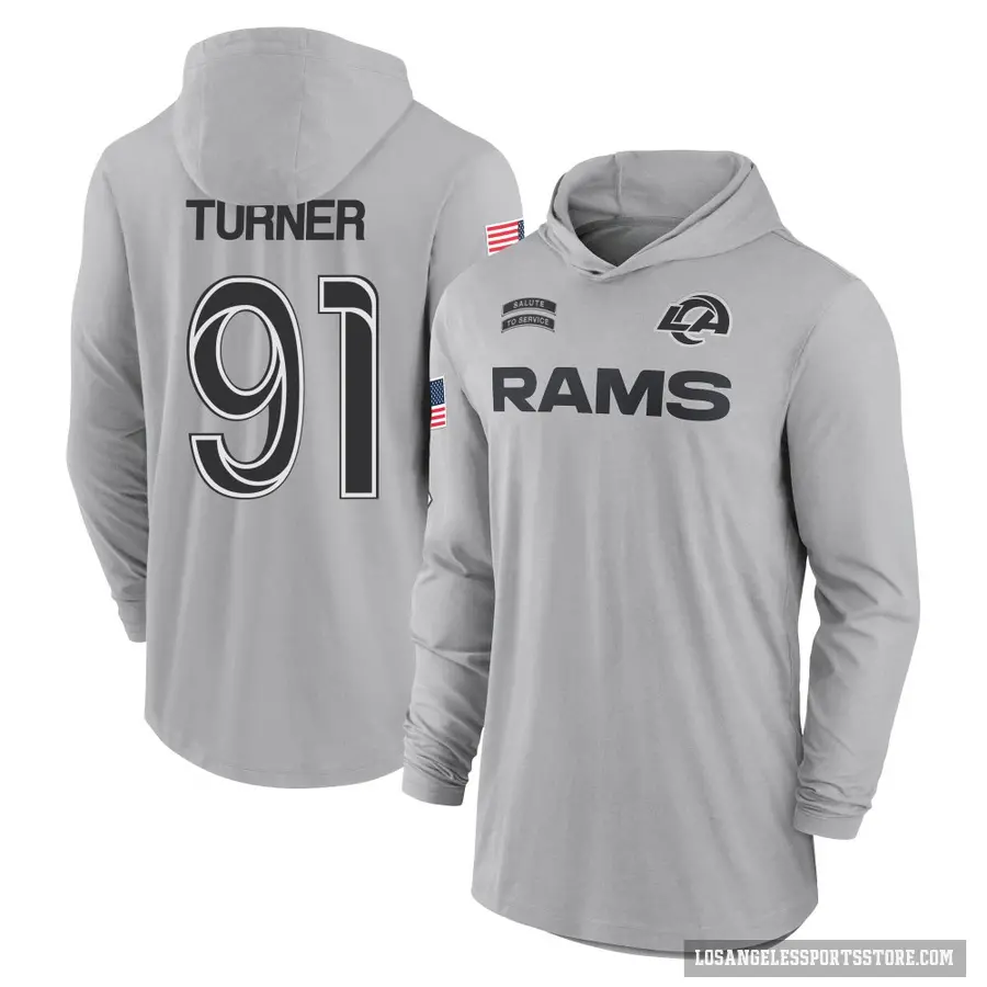 Youth ＃91 Kobie Turner Los Angeles Rams Gray 2024 Salute to Service Lightweight Performance Long Sleeve Hooded T-Shirt