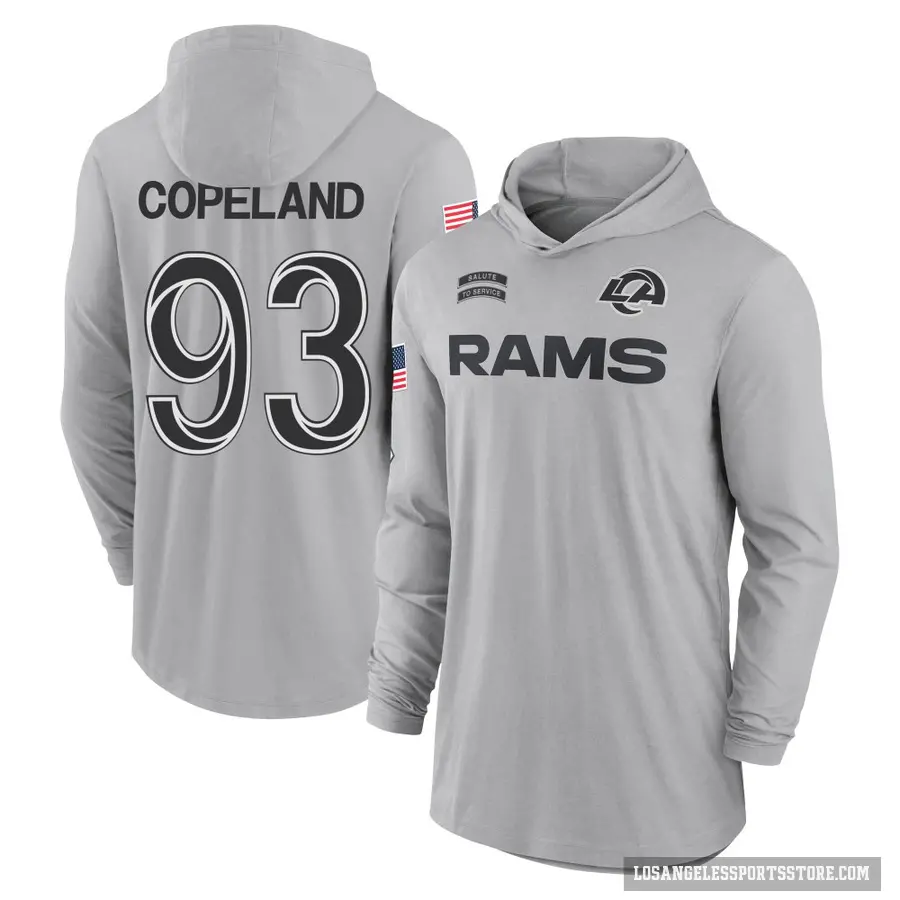 Youth ＃93 Marquise Copeland Los Angeles Rams Gray 2024 Salute to Service Lightweight Performance Long Sleeve Hooded T-Shirt