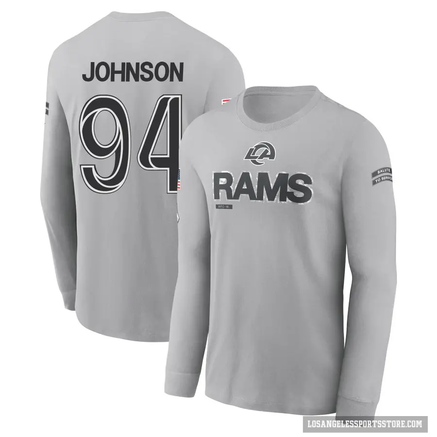 Youth ＃94 Desjuan Johnson Los Angeles Rams Gray 2024 Salute to Service Long Sleeve T-Shirt