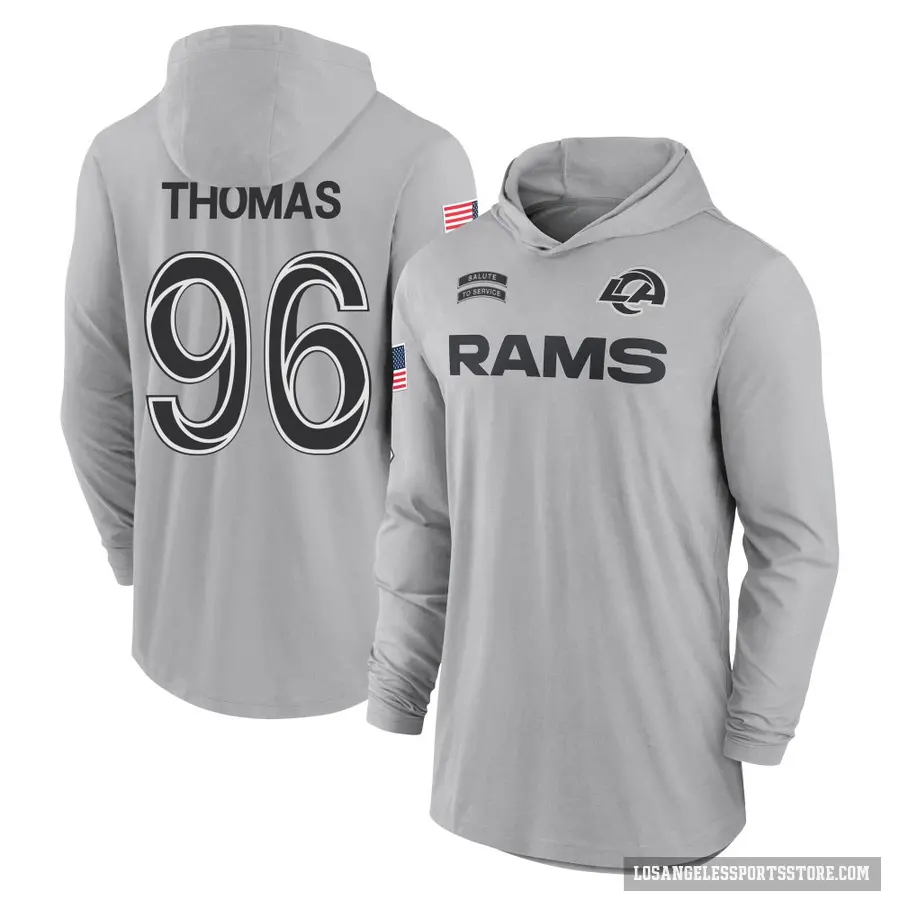 Youth ＃96 Keir Thomas Los Angeles Rams Gray 2024 Salute to Service Lightweight Performance Long Sleeve Hooded T-Shirt